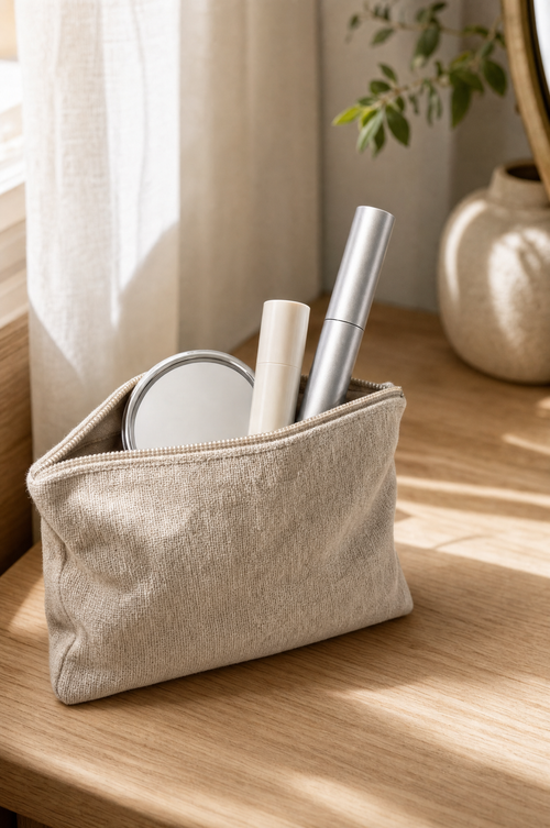 Lash serum in a linen makeup pouch