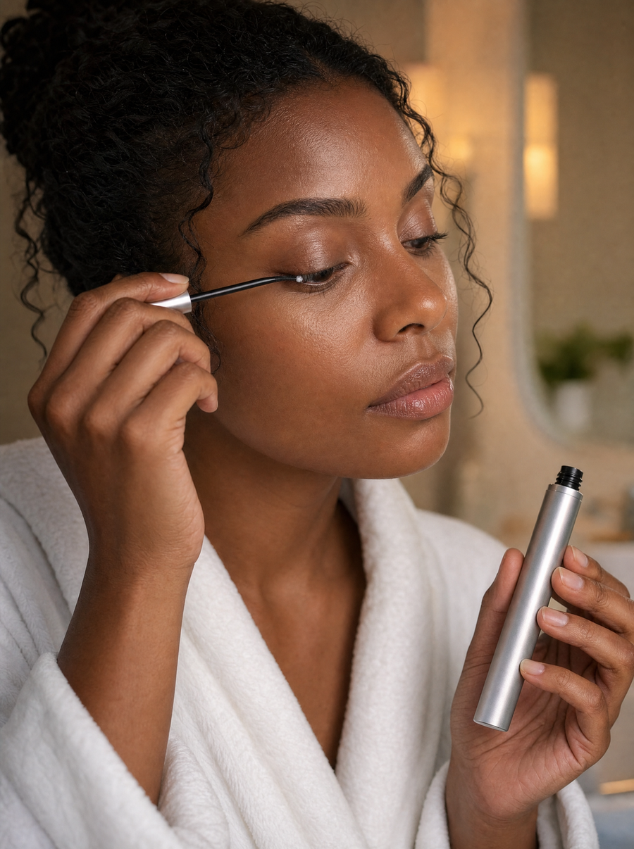 Woman applying lash serum along her lash line
