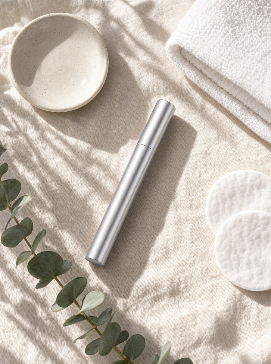 Lash serum flat lay with cotton pads and eucalyptus