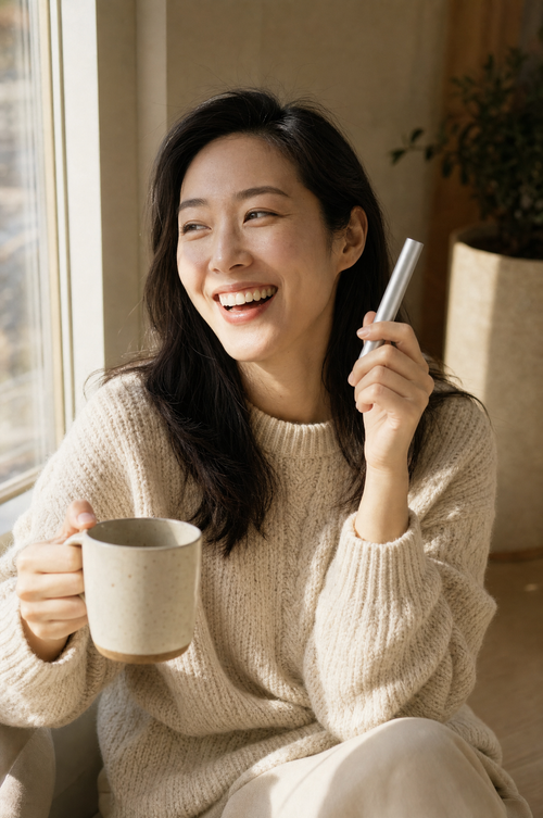 Smiling woman holding coffee and the lash serum