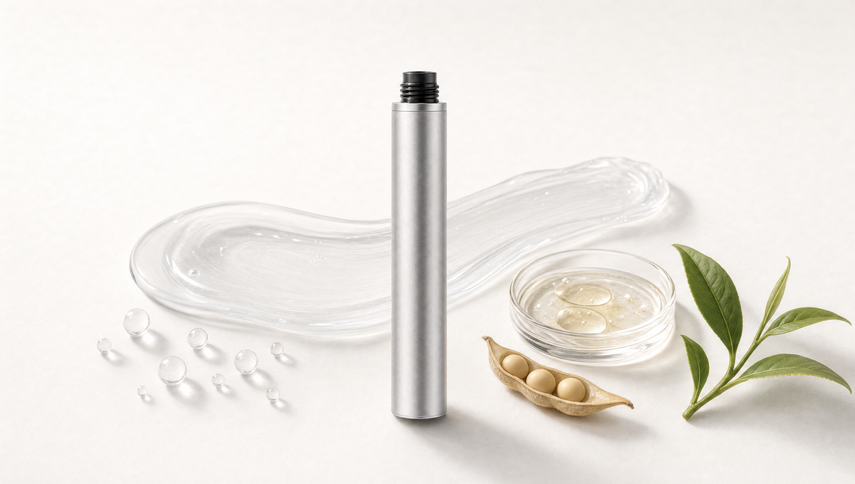 Lash serum tube with clear serum, peptide droplets and soybean and green tea ingredient cues
