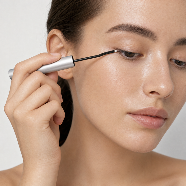 Woman applying lash serum along her upper lash line