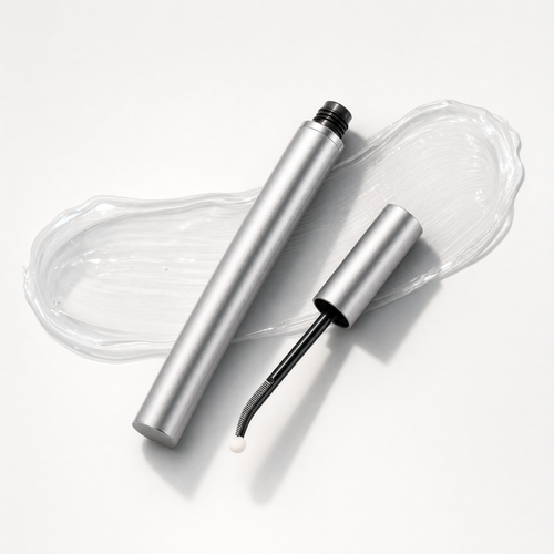 Brushed-silver lash serum tube with dual applicator beside a swirl of clear gel